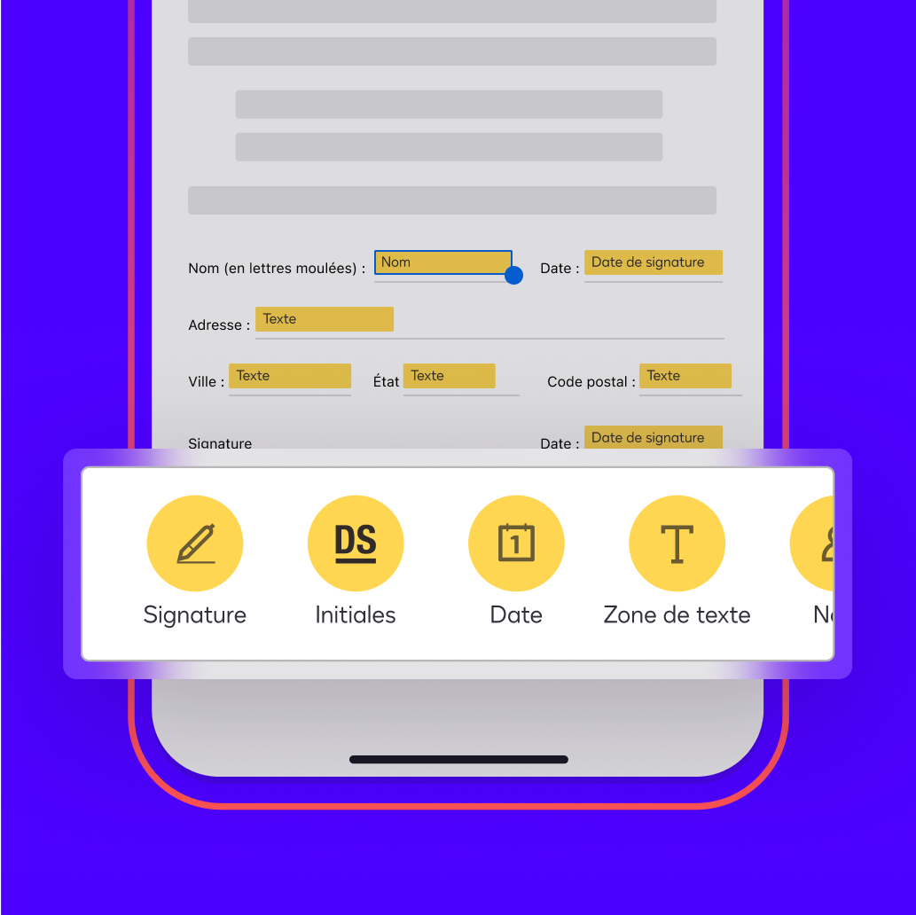 Un document affiché dans l’application Docusign eSignature comporte des champs balisés automatiquement pour le nom, la date, l’adresse, la signature du signataire et plus encore.