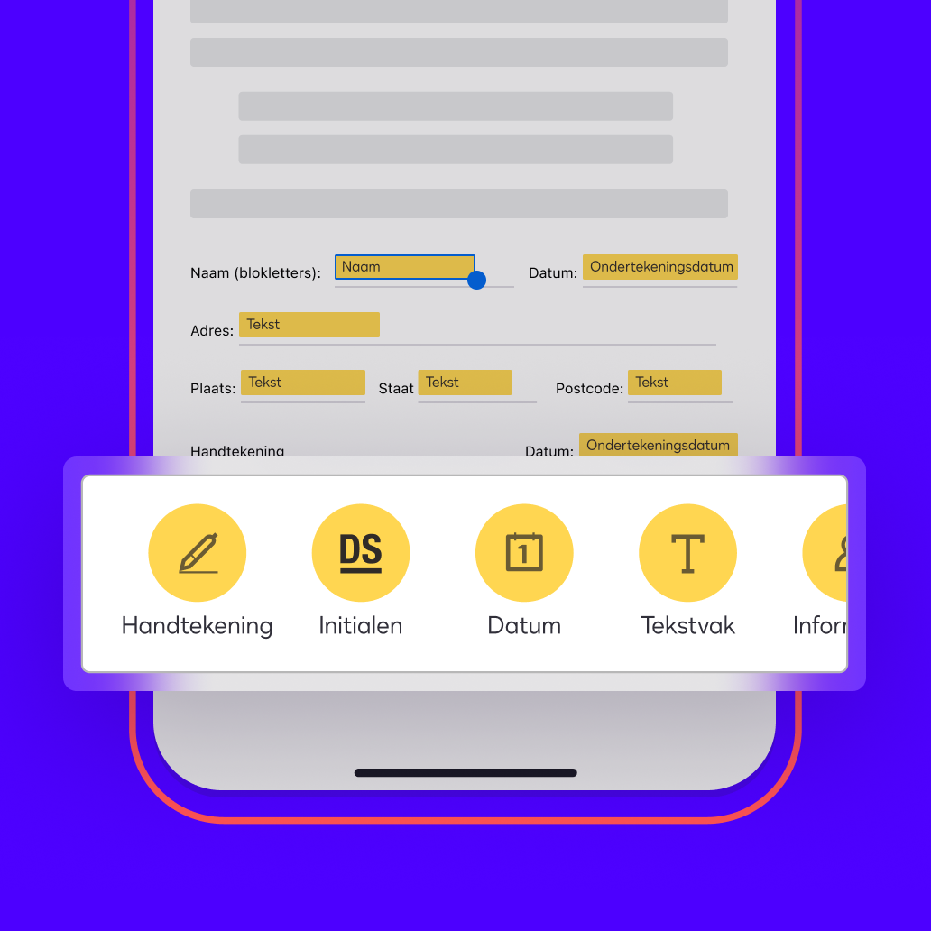 Een document in de Docusign eSignature-app heeft automatisch toegevoegde velden voor de naam van de ondertekenaar, de datum, het adres, de handtekening en meer.