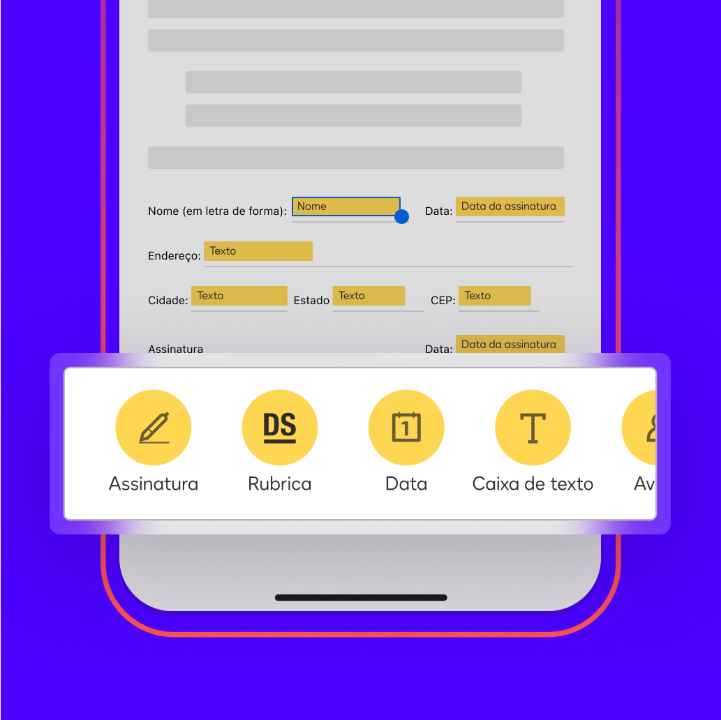 Um documento no aplicativo Docusign eSignature tem campos automaticamente marcados para incluir nome do signatário, data, endereço, assinatura e outros.