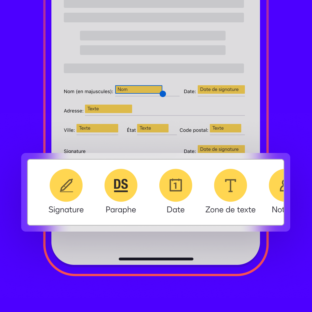 Un document affiché dans l’application Docusign eSignature comporte des champs à auto-balisage, notamment pour le nom du signataire, la date, l’adresse et la signature.