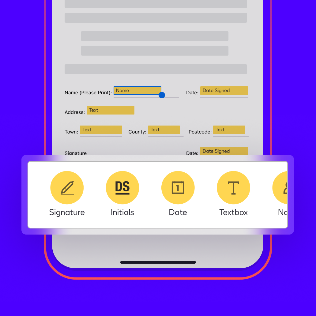 A document shown in the Docusign eSignature app has auto-tagged fields for the signatory’s name, date, address, signature and more.