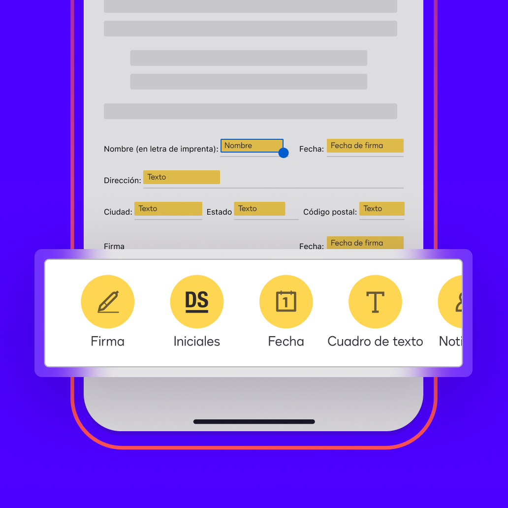 Un documento mostrado en la aplicación Docusign eSignature tiene campos autoetiquetados para el nombre del firmante, la fecha, la dirección, la firma y mucho más.