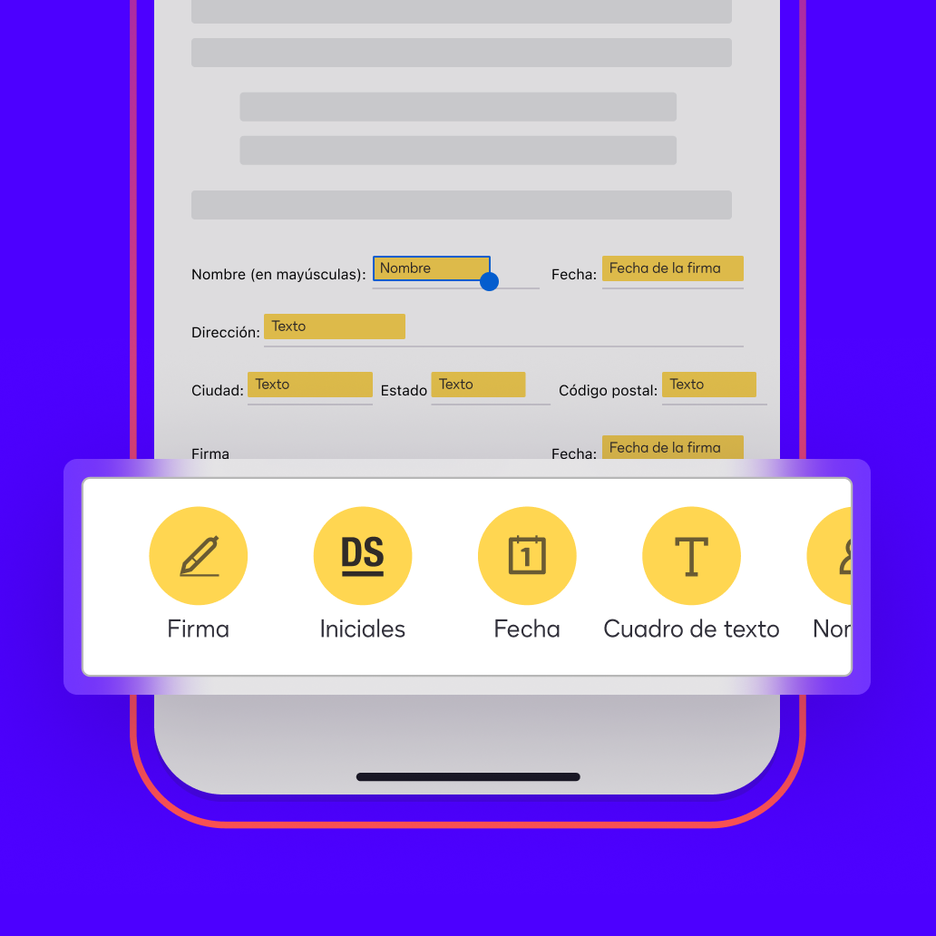 Un documento mostrado en la aplicación DocuSign eSignature tiene campos etiquetados automáticamente para el nombre, la fecha, la dirección y la firma del firmante, entre otros.