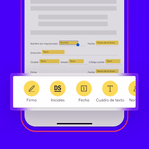 Un documento mostrado en la aplicación DocuSign eSignature tiene campos etiquetados automáticamente para el nombre, la fecha, la dirección y la firma del firmante, entre otros.