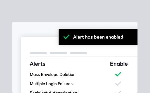 Dashboard of alerts in DocuSign Monitor, with a mass envelope detection alert enabled