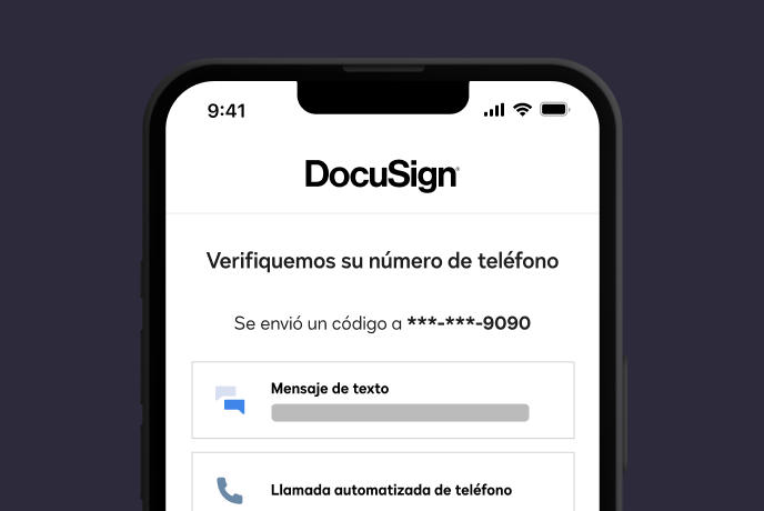 Captura de pantalla que muestra la autenticación por SMS o llamada con DocuSign Identify.