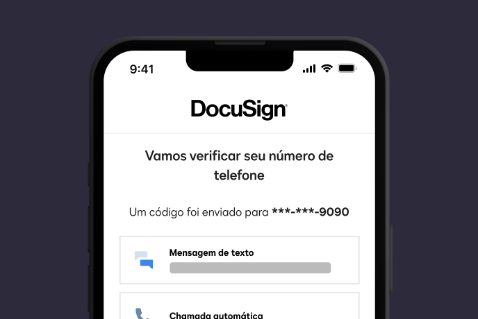 Captura de tela mostrando SMS ou autenticação com base em chamada com DocuSign Identify.