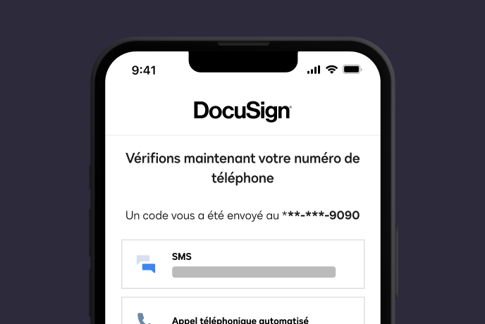 Capture d’écran affichant l’authentification par SMS ou par appel avec DocuSign Identify.