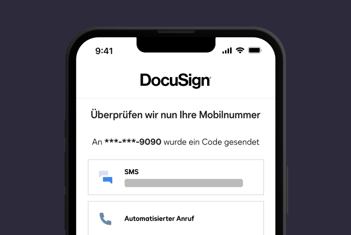 Screenshot der Authentifizierung mit DocuSign Identify mit Hilfe von SMS oder Anruf.