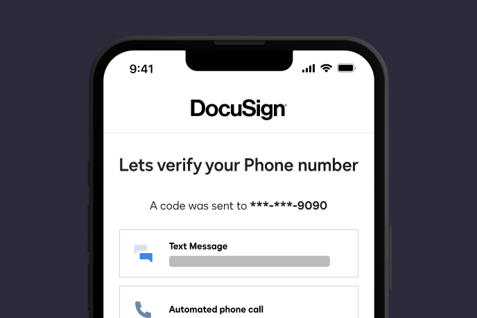 Screenshot showing SMS or call-based authentication with DocuSign Identify.
