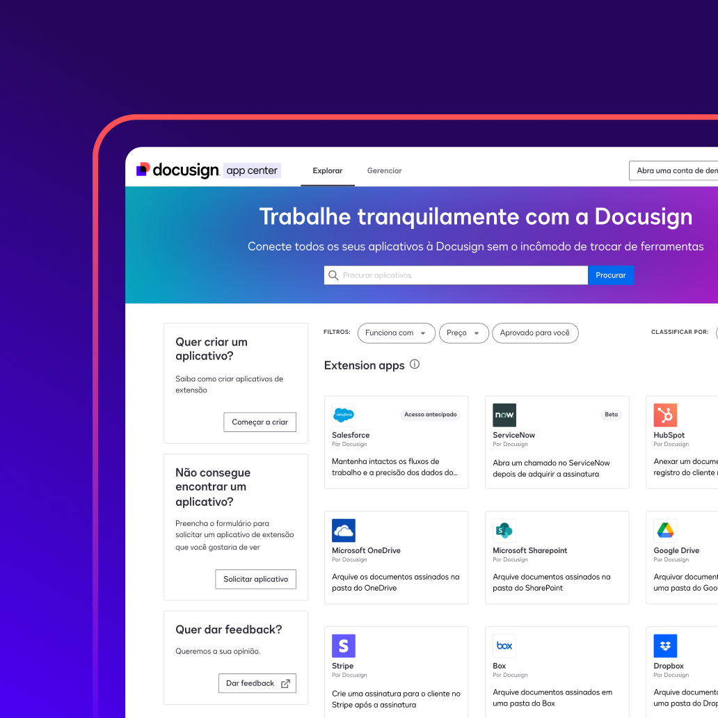 Docusign App Center, incluindo aplicativos em destaque, uma barra de pesquisa e opções para criar ou solicitar um aplicativo.