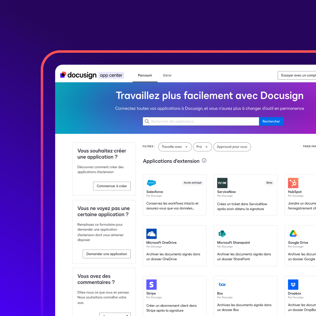 L’App Center de Docusign, y compris les applications en vedette, une barre de recherche et des options pour développer ou demander une application.