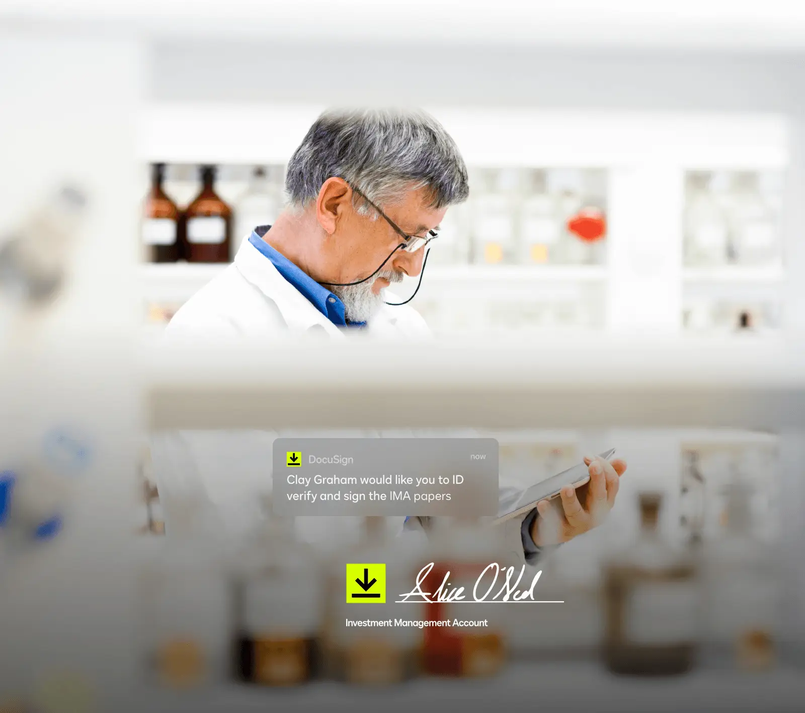 A notification in DocuSign eSignature prompts a user to sign an agreement. eSignature is part of our life sciences module.