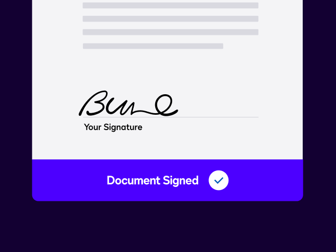Colour photo of a hand holding a mobile phone that shows a signed document in the Docusign mobile app.