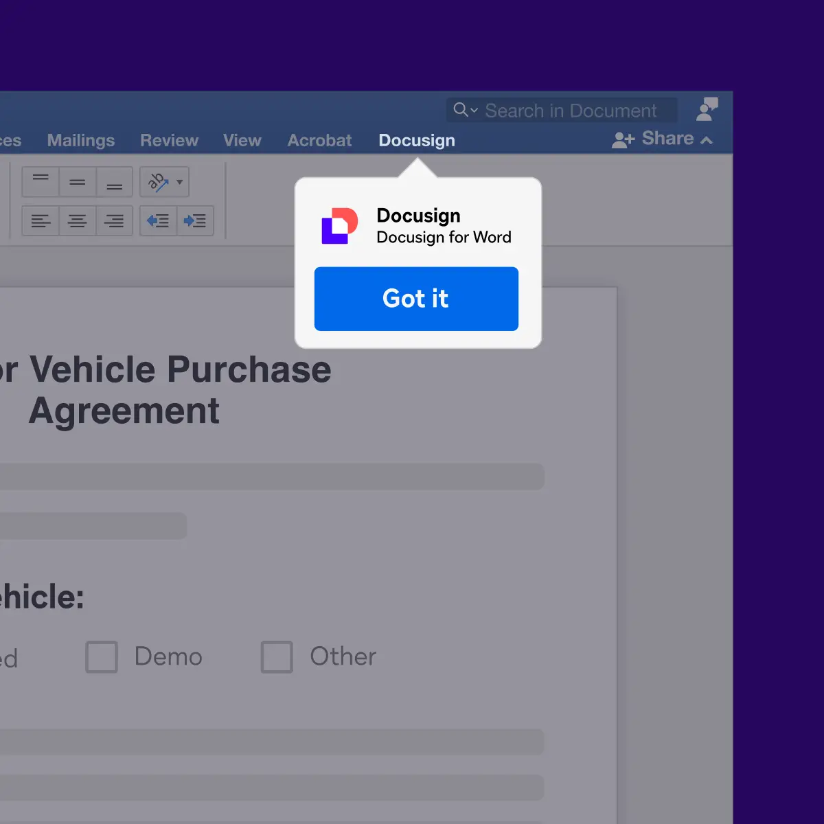 A screenshot of accessing DocuSign for Word on the go