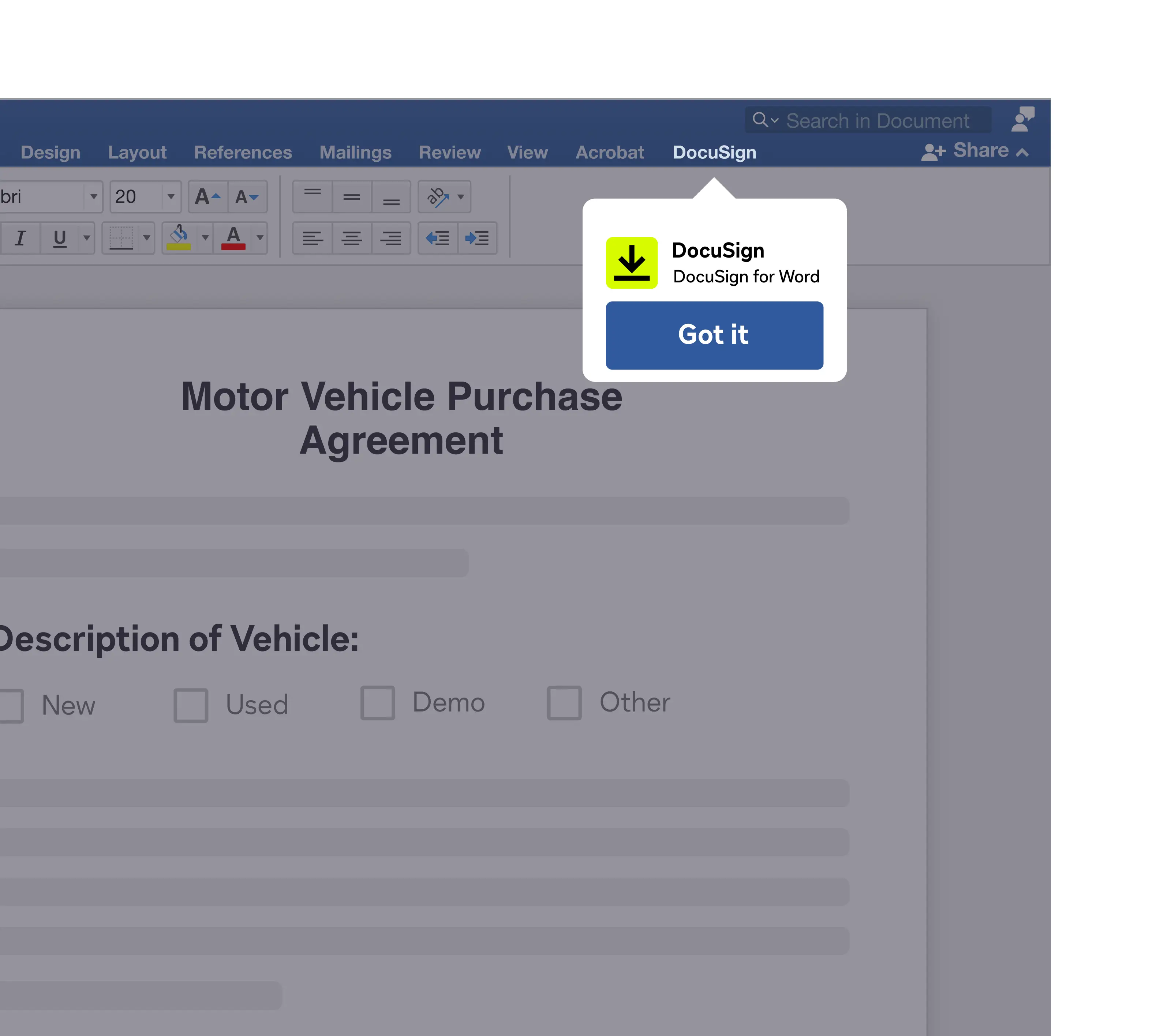 A screenshot of accessing DocuSign for Word on the go