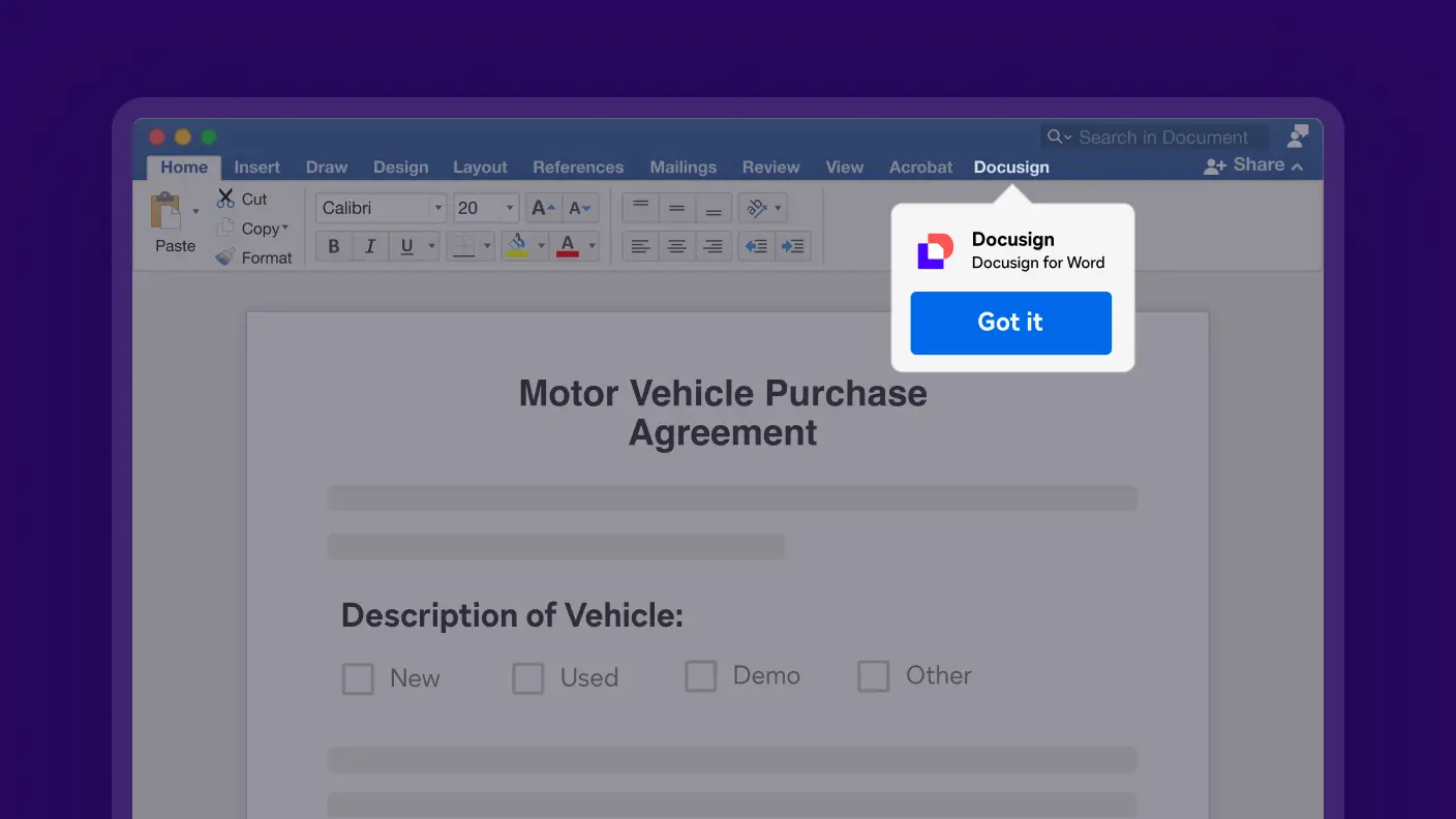 A screenshot of accessing DocuSign for Word on the go