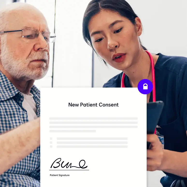 A doctor and patient talking with an overlay of a New Patient Consent form.