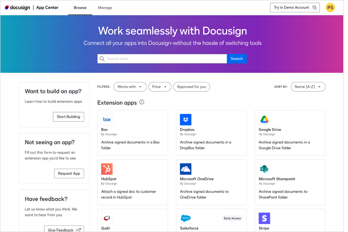 The Docusign App Center, including featured apps, a search bar, and options to build an app or request an app.