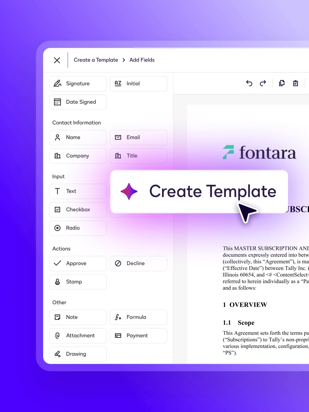 Docusign UI showing how to create template, featuring fields for signature, contact info, and actions like approve or decline.
