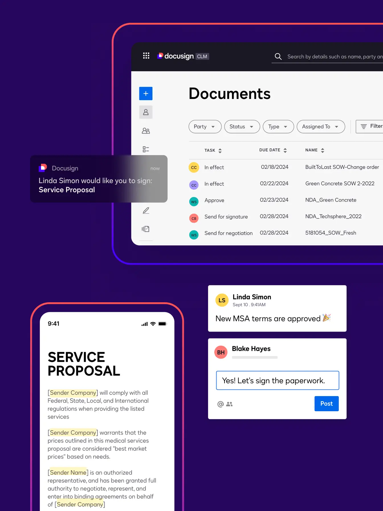 Features in Docusign IAM Core, including a notification prompting a user to sign a service proposal, a dashboard of documents, comments on an agreement, and a service proposal with fields highlighted.