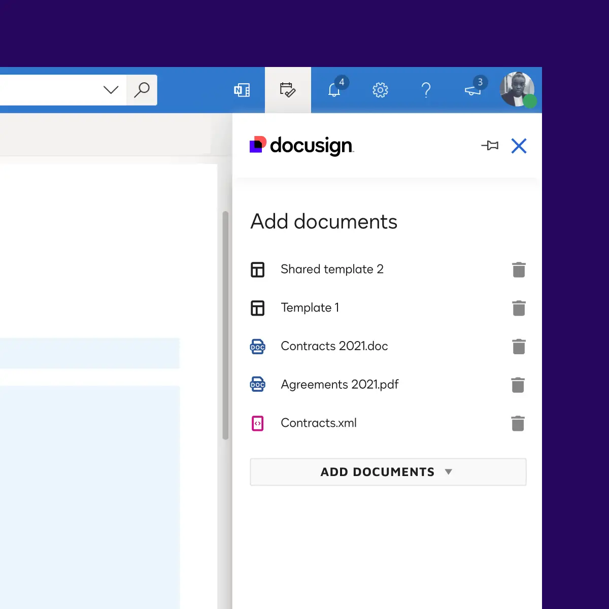 Capture d’écran de Microsoft pour Outlook intégré à DocuSign eSignature avec la fonction d’ajout de document.