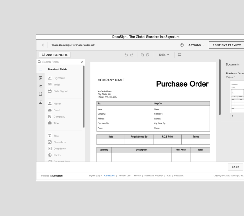 A purchase order in DocuSign eSignature that can be populated with data from NetSuite.