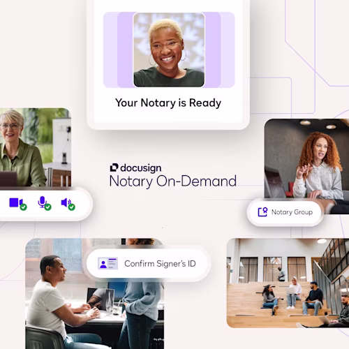Graphic promoting Docusign notary on-demand service showing video call icons, identity verification prompts, and diverse people collaborating on laptops.