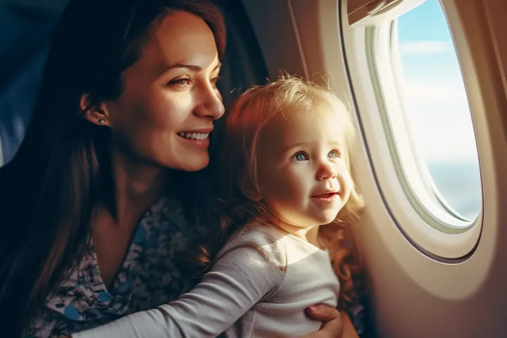  Γυναίκα και νήπιο κάθονται δίπλα σε παράθυρο αεροπλάνου και χαμογελούν. ​