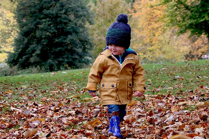 Παιδάκι παίζει με ξερά φύλλα