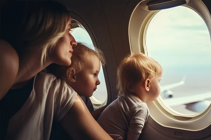  Γυναίκα και δύο νήπια, κάθονται δίπλα σε παράθυρο αεροπλάνου.​