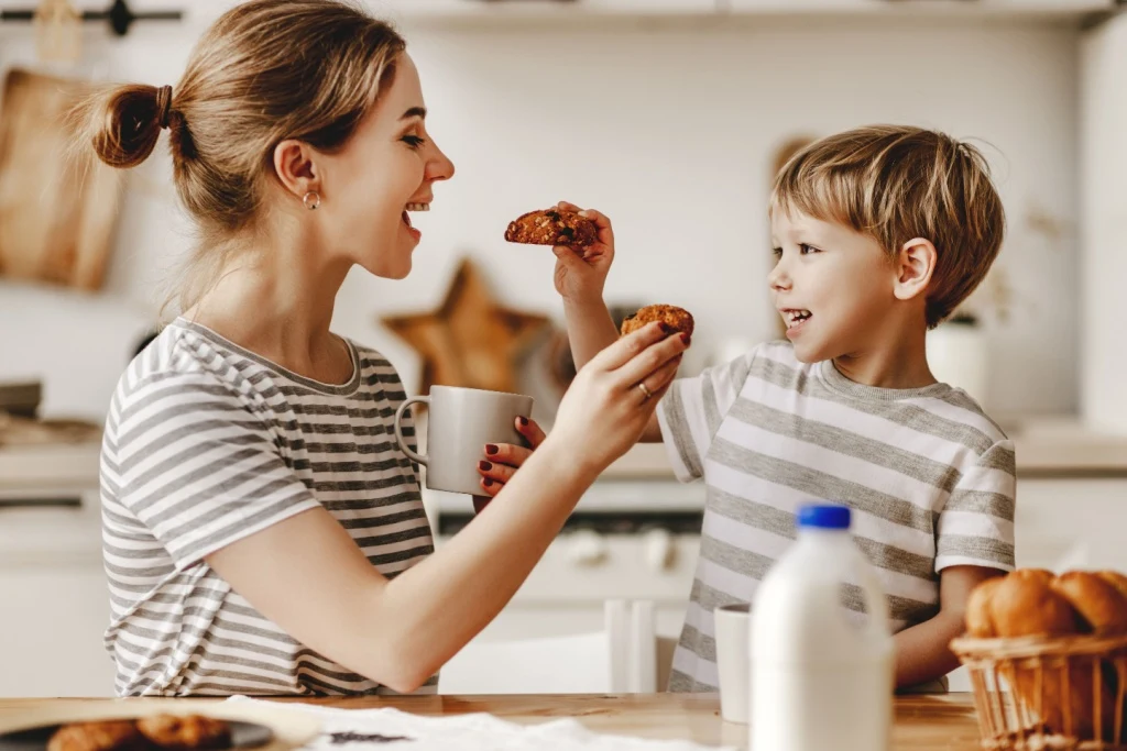 Family breakfast mother and son