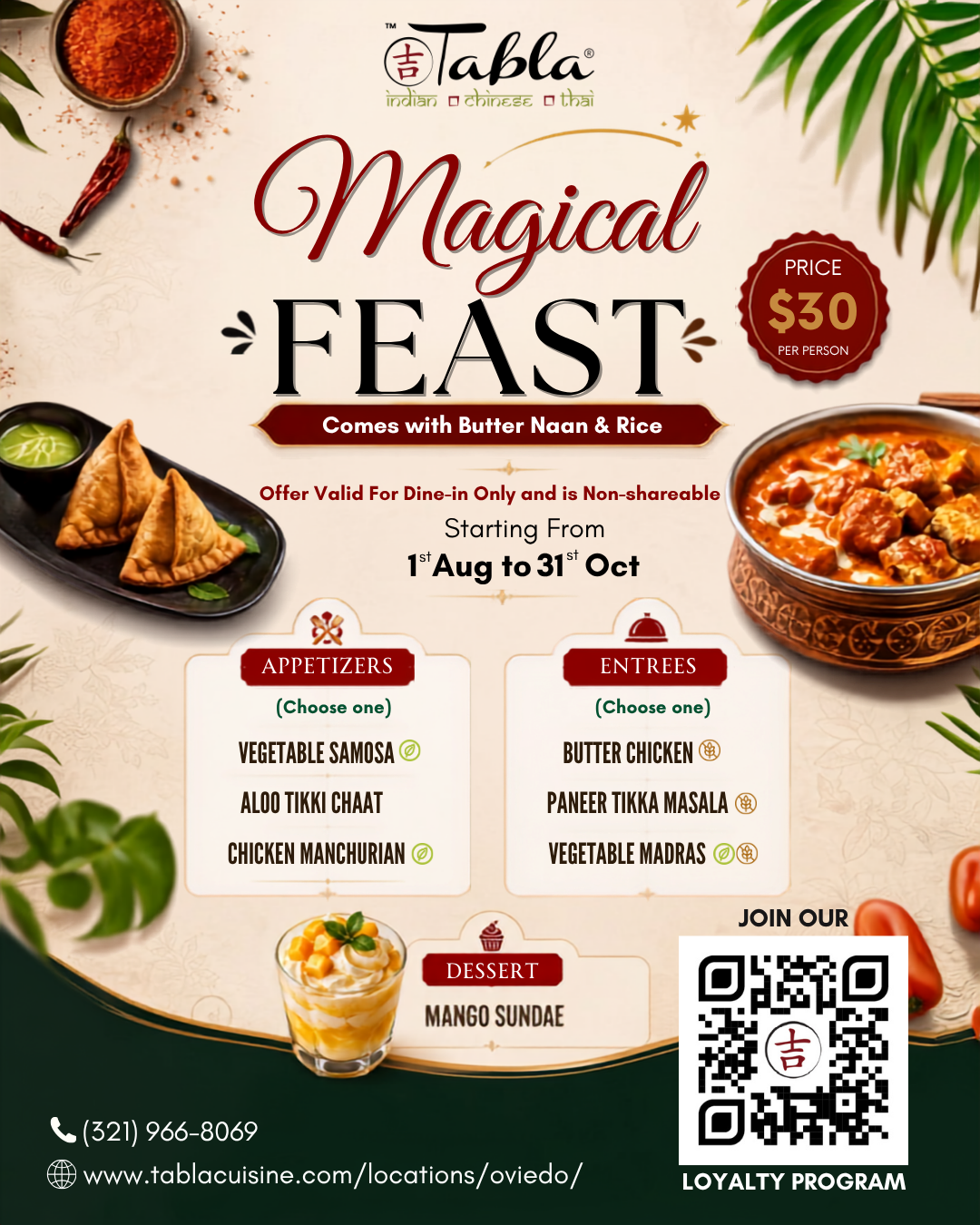 Tabla’s Magical Feast – $30 Per Person