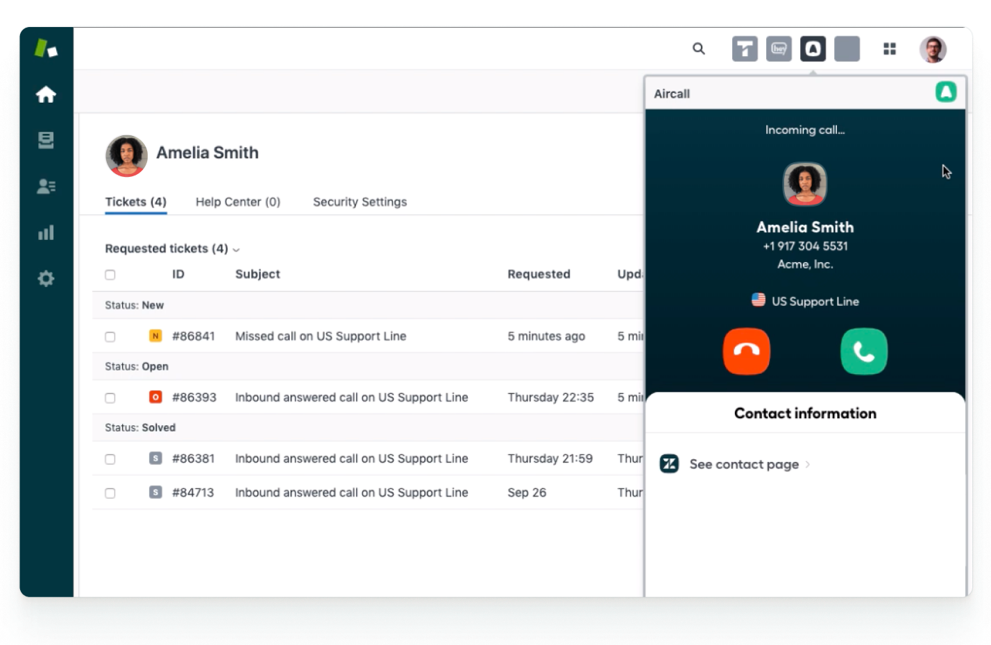 A fully embedded Aircall app that will screen-pop to display a caller's Zendesk ticket history.