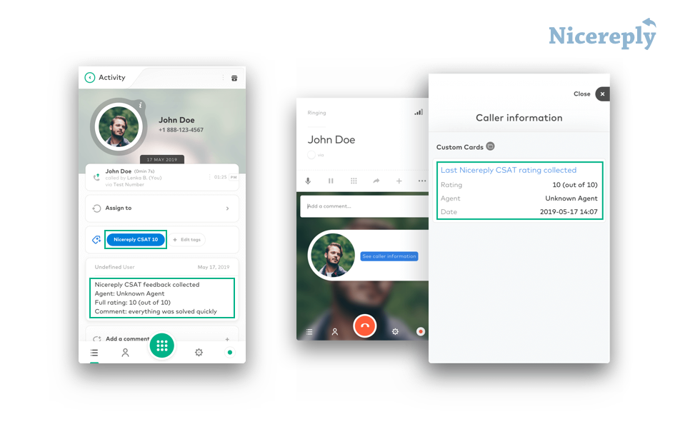 See feedback from your customers ratings pushed to the relevant call record and custom card in form of a note and custom call field.