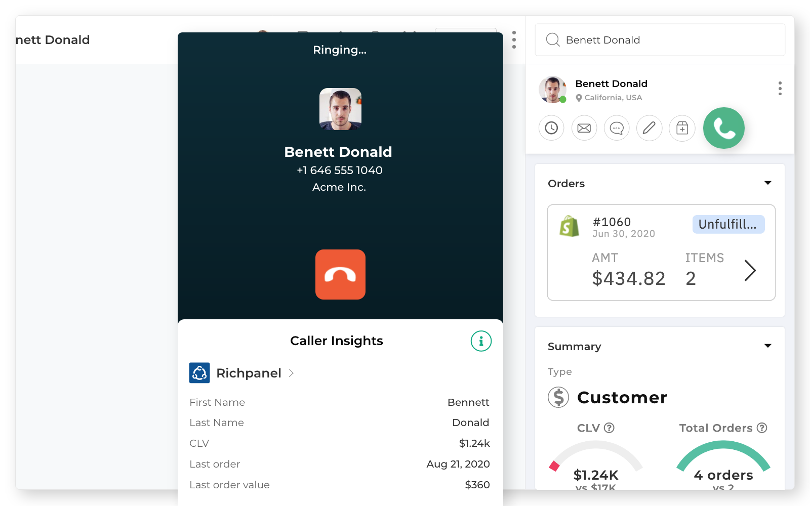 Make & receive calls directly in Richpanel.