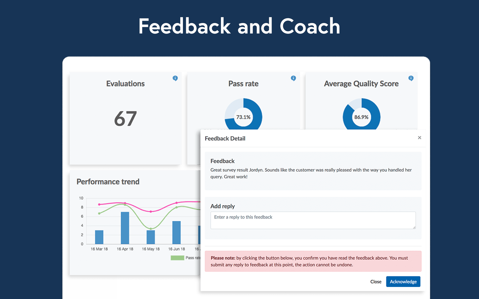 Encourage reps to acknowledge their feedback and quickly share dashboards with senior stakeholders.
