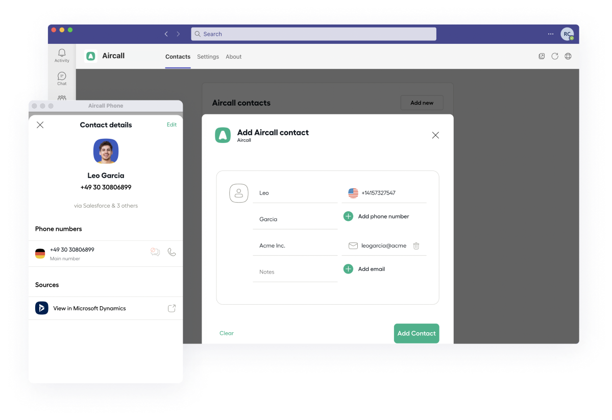 Search, add, and manage Aircall contacts directly from Microsoft Teams. Manage internal and external contacts from a single source of truth.