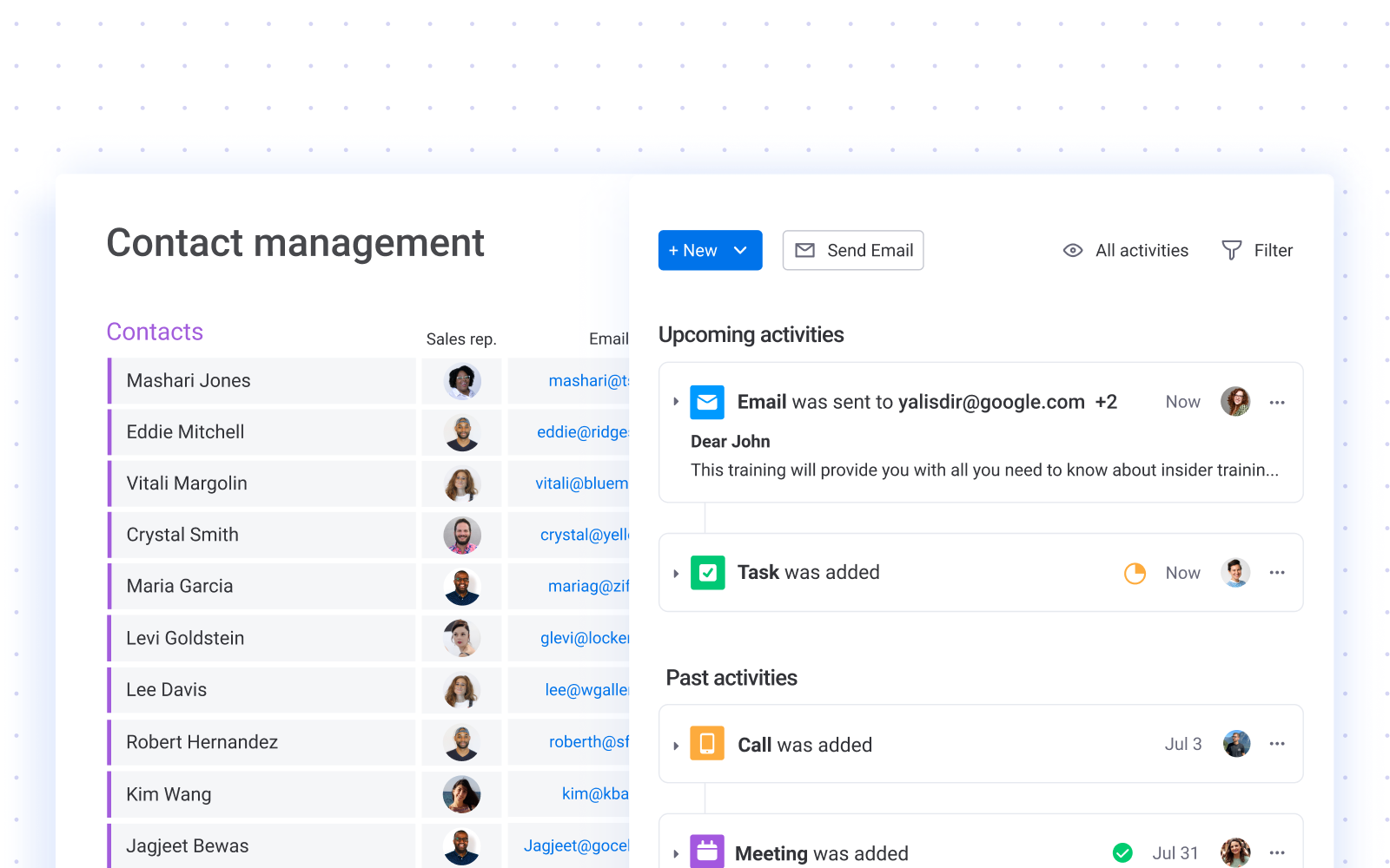 View and manage all contact details in one click, including activities, emails, and more.