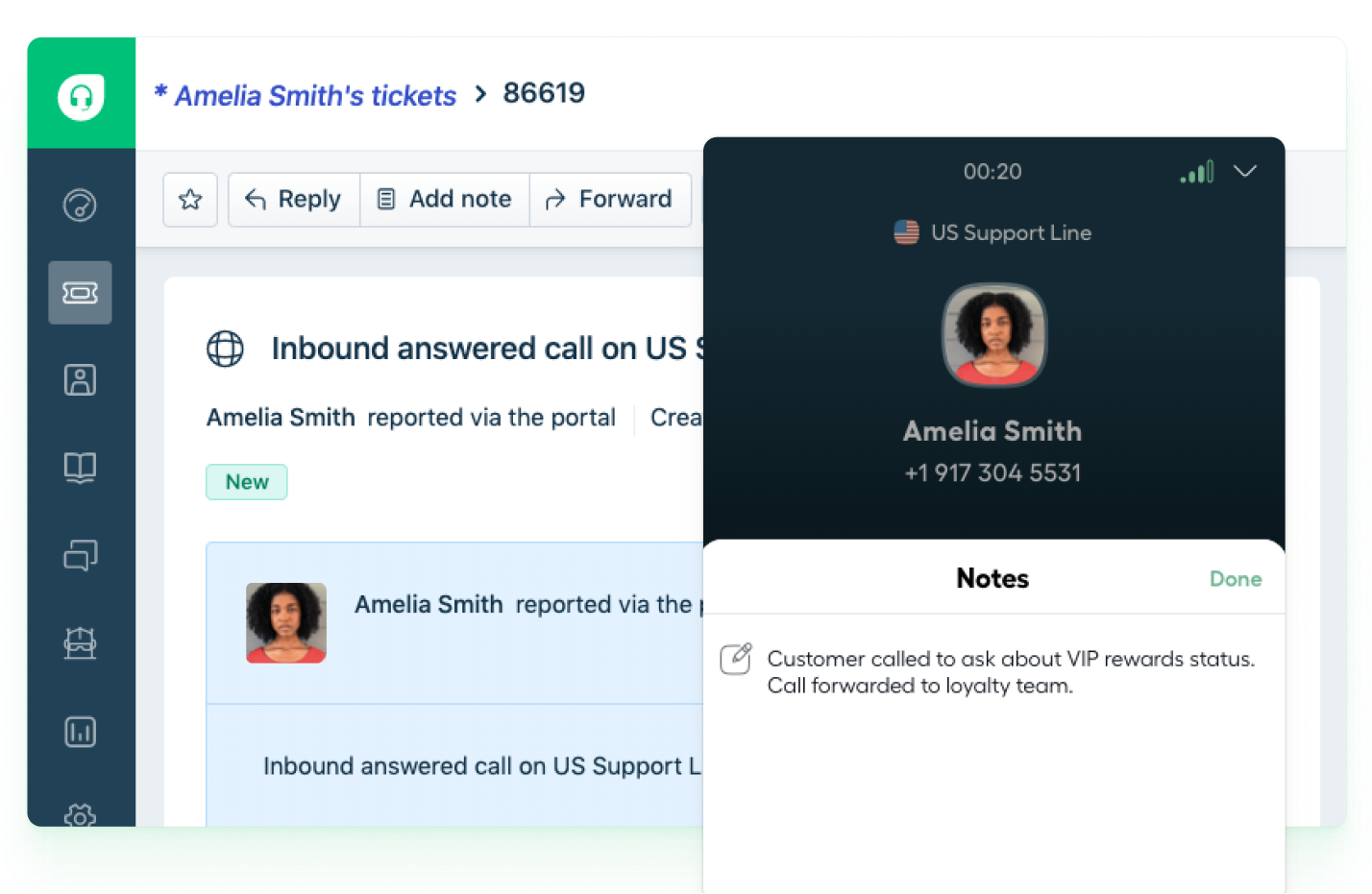 Automatically create tickets, log notes, tags, and call details directly from the Aircall phone.