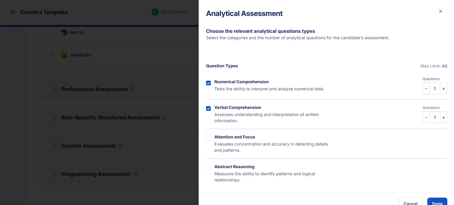 Analytical assessment drawer showing question types with Numerical Computation and Verbal Comprehension selected with 5 questions selected for each