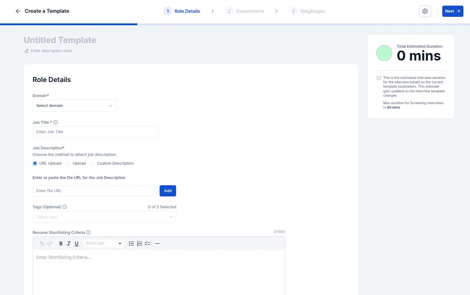Role details form with fields to enter domain, job title, and job description. Options are provided to upload the job description through a URL, file upload, or custom entry. Additional fields include tags and resume shortlisting criteria with a text editor