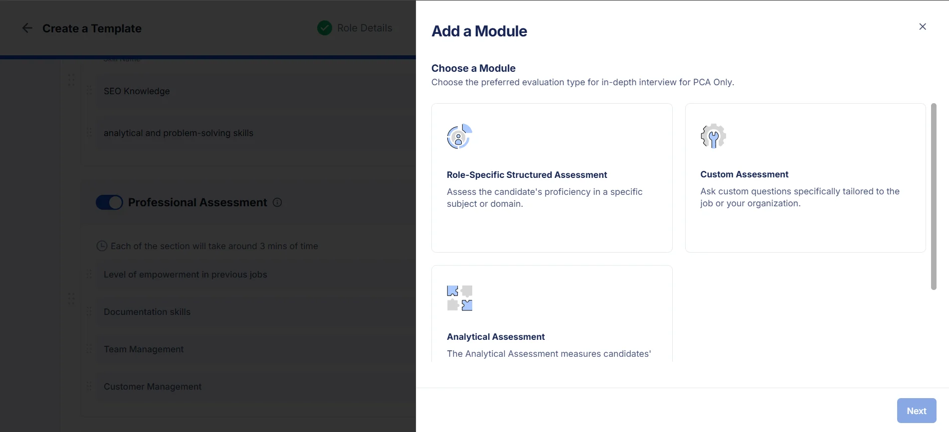 Add a Module dialog showing some assessment options.