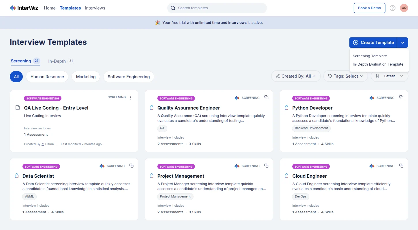 InterWiz’s recruiter interface displaying multiple interview templates in a grid format. Each card represents a template with details such as category, number of assessments, and skills included. The page also features filters, search options, and a button to create new templates
