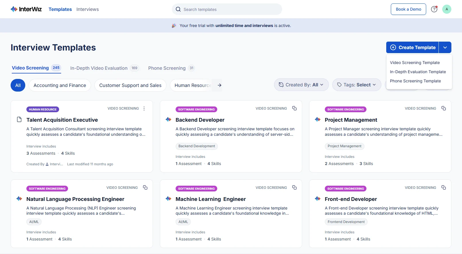 InterWiz’s recruiter interface displaying multiple interview templates in a grid format. Each card represents a template with details such as category, number of assessments, and skills included. The page also features filters, search options, and a button to create new templates