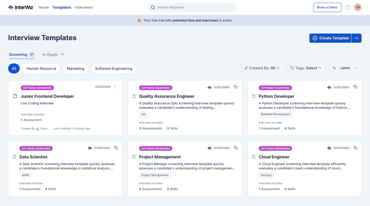 An interview templates displaying a grid of job role templates including Human Resource, Marketing, Software Engineering positions in the top row, and Data Scientist, Project Management, and Cloud Engineer roles in the bottom row. Each template card shows the role title, brief description, and associated assessment details with purple category tags.