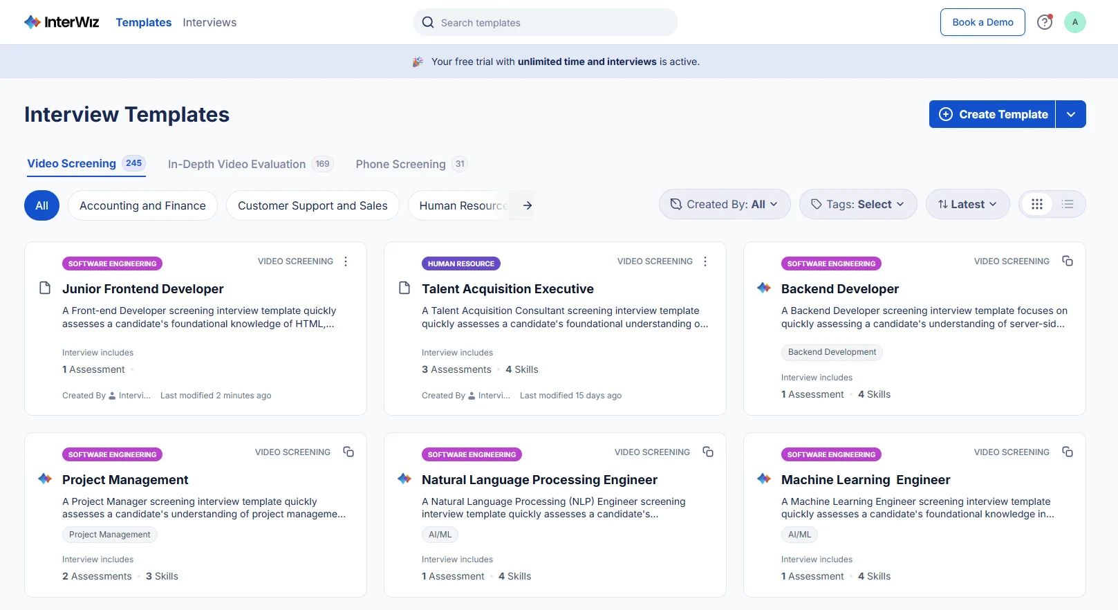 An interview templates displaying a grid of job role templates including Human Resource, Marketing, Software Engineering positions in the top row, and Data Scientist, Project Management, and Cloud Engineer roles in the bottom row. Each template card shows the role title, brief description, and associated assessment details with purple category tags.