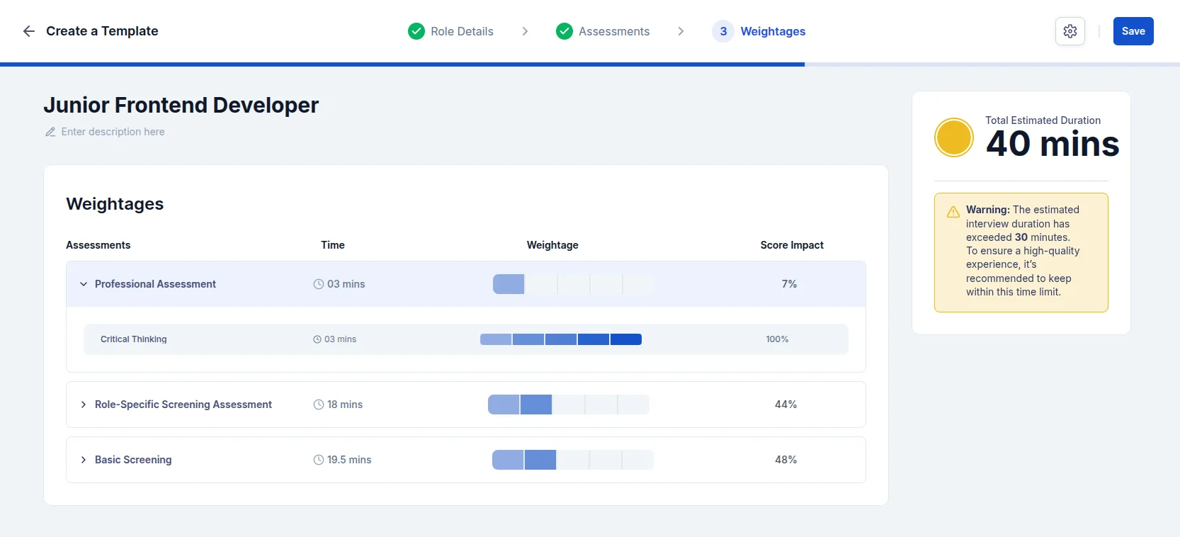 A weightages section displaying assessment allocation across different evaluation categories with visual progress bars and performance metrics. The interface shows four assessment types including Professional Assessment, Role-Specific Screening Assessment, and Basic Screening, each with corresponding time durations ranging from 3 to 19.5 minutes. Blue-toned horizontal bar charts represent the weightage distribution, while percentage values on the right indicate score impact ranging from 22% to 100% for different assessment components