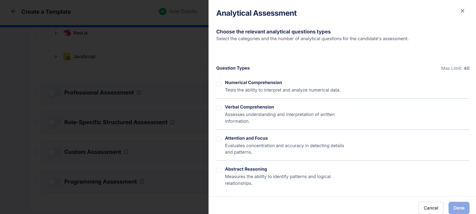 Analytical assessment drawer showing list of question types with checkboxes