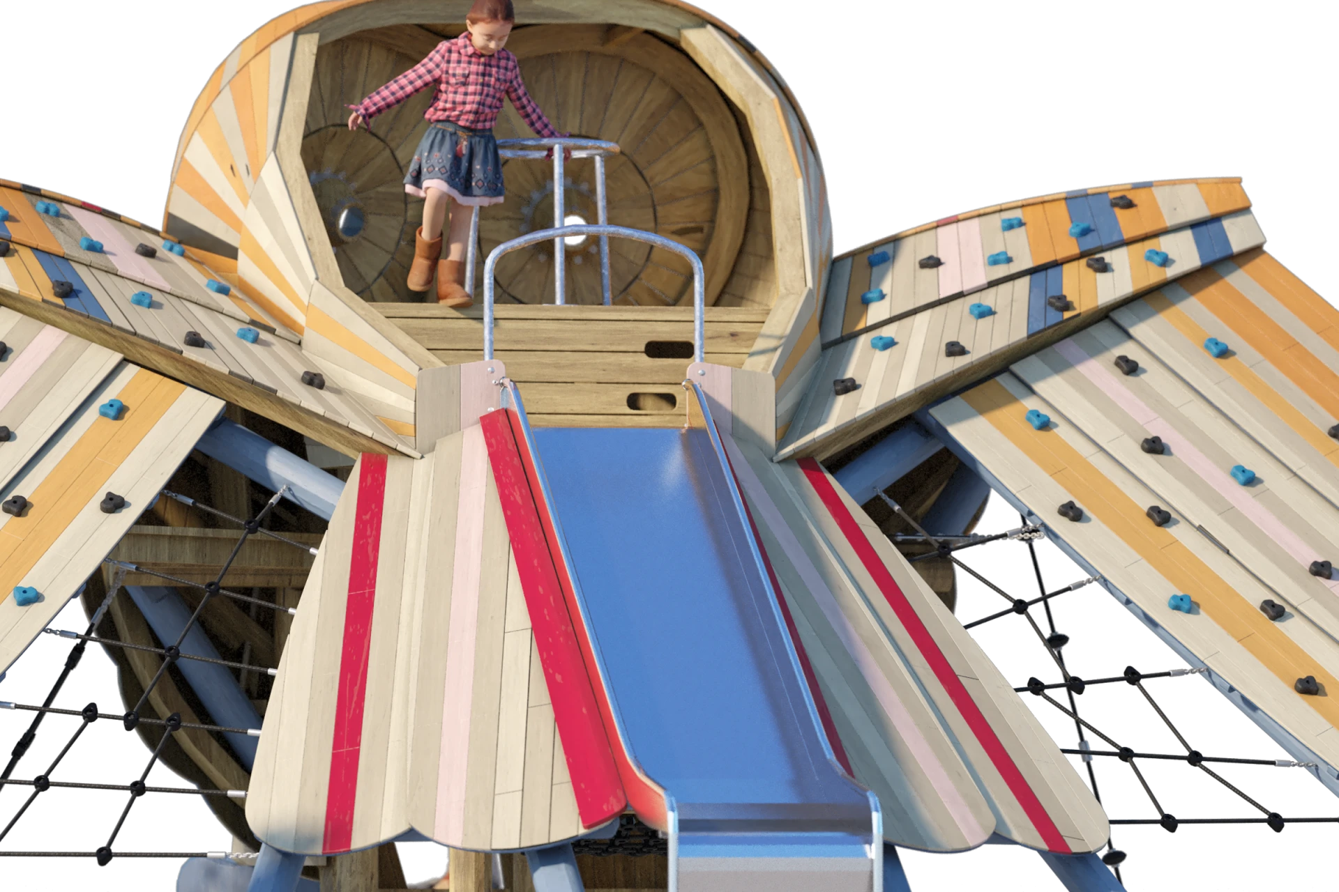 Design rendering of a child getting ready to slide down a wooden owl play structure